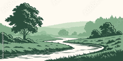 A serene landscape featuring a winding river flowing through a lush green valley. Vector