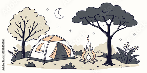 A serene landscape with a lone tree standing tall amidst rolling hills and a clear sky. Vector