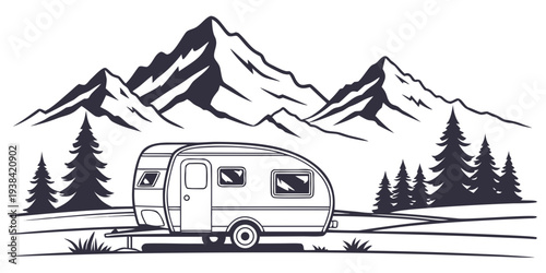 A serene mountain cabin nestled in the woods with a majestic mountain range in the background Vector