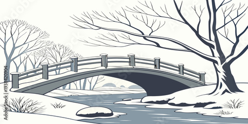 A serene winter landscape with a frozen stream and bare trees. Vector