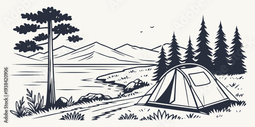A serene campsite nestled in the heart of a lush forest with a clear stream nearby Vector