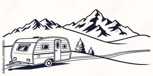 A scenic view of a campervan parked beside a serene lake with mountains in the background. Vector