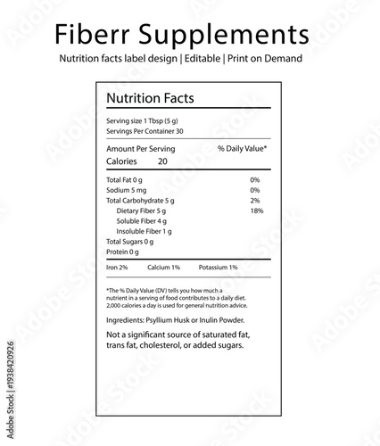 Fiberr Supplement Nutrition facts label design Fully editable, vector print on demand file