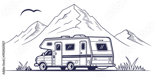 A vintage camper van parked in a scenic mountainous landscape with birds flying overhead Vector