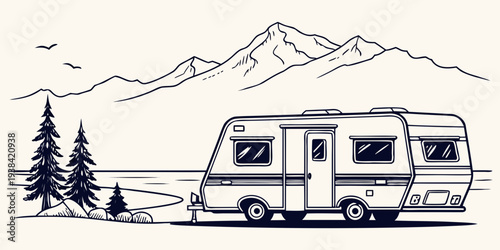 A scenic view of a camper van parked near a serene mountain range and lush forest. Vector