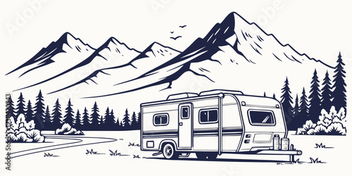 A picturesque mountain landscape with a cozy cabin and a river flowing nearby. Vector