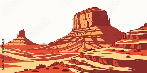 A vast desert landscape with towering red rock formations under a clear blue sky Vector