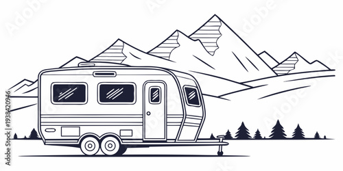 A vintage camper van parked in front of a majestic mountain range. Vector