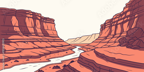 A winding road through a vast canyon landscape with towering rock formations Vector