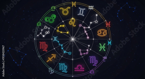 Astrology Zodiac Wheel with Constellations and Symbols.