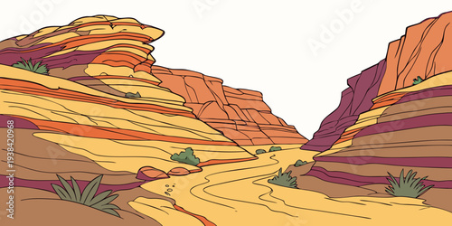 A vast desert landscape with towering red rock formations under a clear blue sky Vector