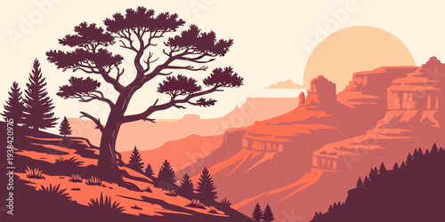 Serene landscape with a lone tree on a hill overlooking a vast valley at sunset Vector