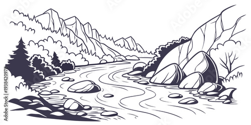 A serene landscape featuring a winding river flowing through a mountainous terrain Vector