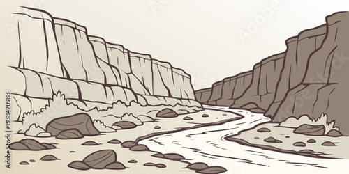 A dramatic landscape featuring a rocky cliff and a flowing river Vector