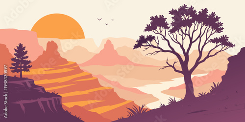 A serene sunset landscape with trees and rolling hills under a warm sky Vector