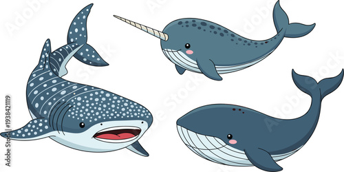 Cute Whale Shark Narwhal and Whale Cartoon Marine Animal Collection Vector Illustration Set for Ocean Wildlife Kids Education and Sea Life Design