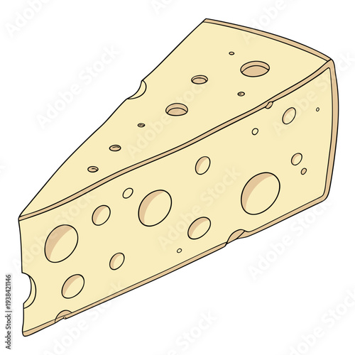 A detailed illustration of a wedge of swiss cheese with visible holes. Vector
