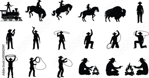 Set of Wild West silhouettes featuring cowboys riding horses, roping cattle, sitting by campfires, a vintage steam train, bison, and gunslingers for western design