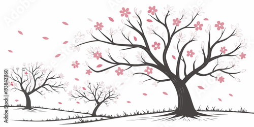 A serene landscape featuring a large tree with bare branches and blossoming branches nearby Vector