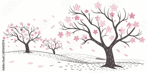Two blossoming trees with pink flowers in a serene landscape setting Vector