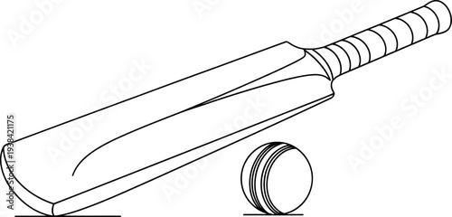 Outline drawing of a cricket bat resting next to a stitched leather ball icon