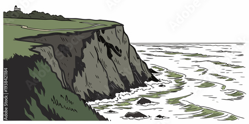 A dramatic cliffside scene with a lush green forest and a winding path Vector