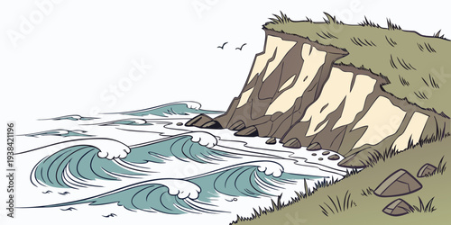 A dramatic illustration of waves crashing against a rocky coastline. Vector