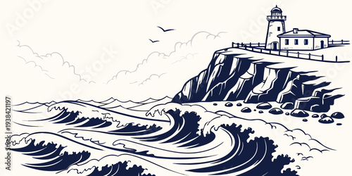 A serene seaside scene with a lighthouse standing tall against the crashing waves Vector