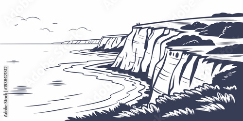 A dramatic illustration of a waterfall cascading down a rocky cliff into a pool below Vector