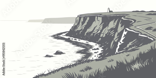 A dramatic cliffside landscape with crashing waves and a rocky shoreline Vector