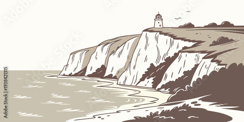 A dramatic seascape with towering cliffs and crashing waves Vector