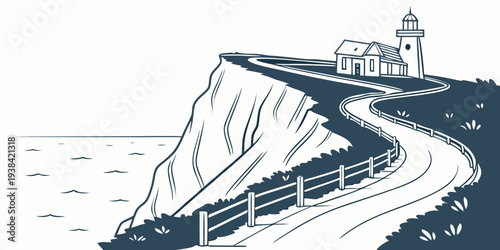 A train travels along a cliffside track with a lighthouse in the distance Vector