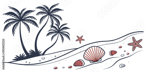 Tropical beach scene with palm trees and a flamingo in the water Vector