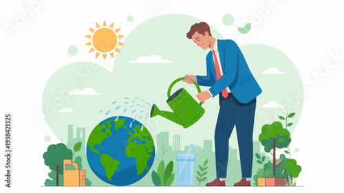 Businessman watering the earth with a green watering can in a colorful eco friendly cityscape with plants and buildings