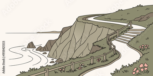 A serene coastal landscape with a rocky shoreline and gentle waves Vector