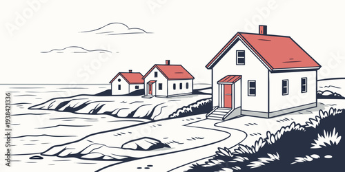 Three houses standing on a cliff overlooking the sea with a stormy sky. Vector