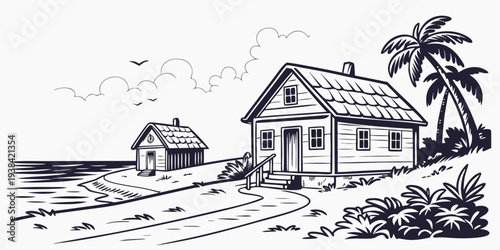 A serene beach house with palm trees and a clear sky in the background. Vector
