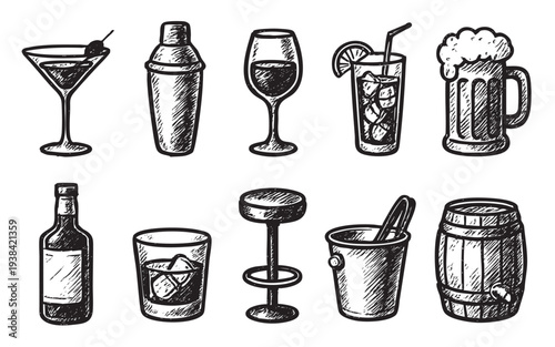 Black and white hand-drawn style illustration set of bar icons including cocktails, drinks, accessories, and a stool, perfect for menus or designs needing a retro feel.