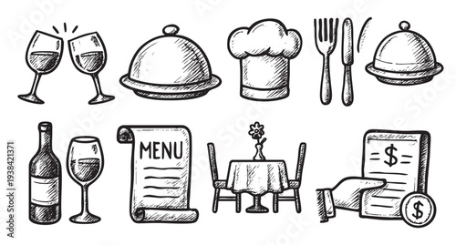 Hand-drawn style sketch of restaurant icons, including wine, food, dining table, menu and payment, for use in designs related to dining, restaurants, and hospitality.