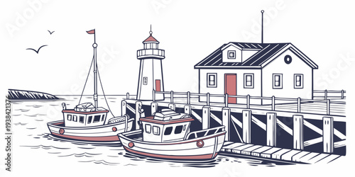 A serene coastal town with a lighthouse and a pier extending into the calm waters Vector