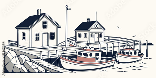 A picturesque village scene with traditional houses and a bustling harbor. Vector