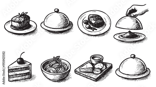 Hand-drawn sketch of various food items including cakes, a beef dish, and cheese with covered dishes, creating a vintage and artistic mood for culinary or restaurant design.