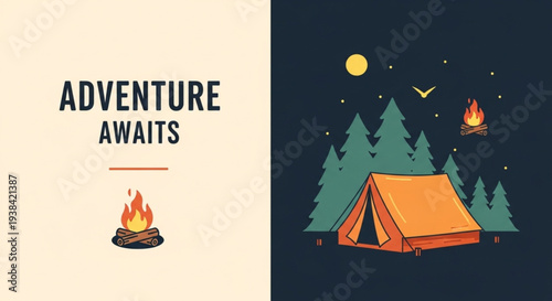 Adventure awaits with camping and campfire scene.