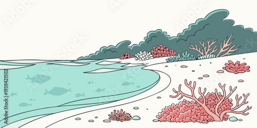 A serene beach scene with vibrant red flowers and a picturesque coastline. Vector