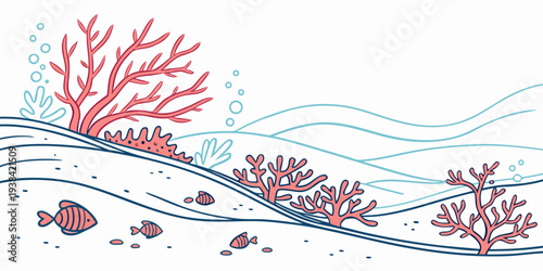 A vibrant underwater scene with coral reefs and tropical fish swimming in clear blue waters Vector