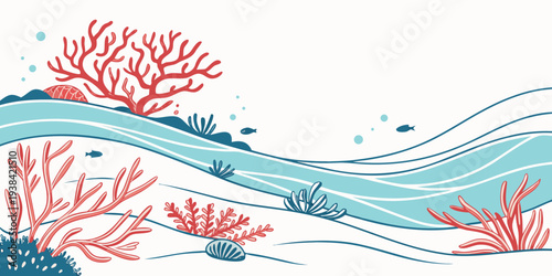 A vibrant underwater scene with colorful corals and a diverse marine ecosystem. Vector