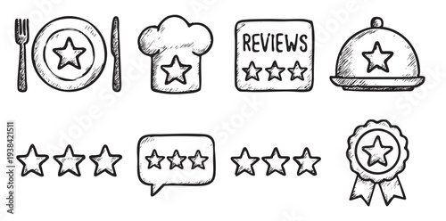 Hand-drawn black and white illustrations depicting restaurant ratings, reviews, a chef hat, and various star symbols, ideal for culinary blogs, restaurant promotions, and feedback surveys.