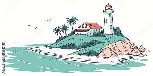 A small island with a lighthouse and palm trees in the middle of a calm sea. Vector