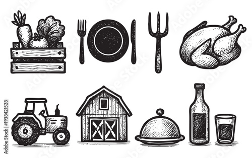 Black and white sketch of farm to table elements like a crate of vegetables, plate, utensils, a chicken, a barn, a tractor, and beverages. Perfect for restaurant or food blog.