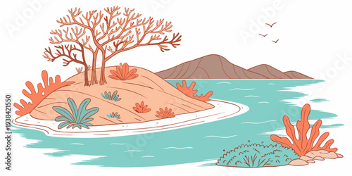 A serene lakeside scene with trees and a small island in the distance Vector